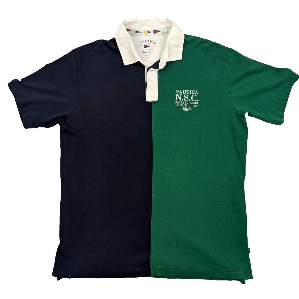Nautica Mens Coast Cup Polo Shirt XL Navy Green Colorblock Sailing Club Cotton